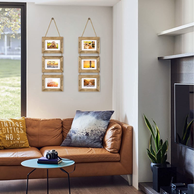 DLQuarts 5x7 Hanging Picture Frames Collage Wall Decor, 3-Opening Photo Frames 5x7 without Mat & 3.5x5 with Mat, Rustic Wood, Carbonized Black - Image 2